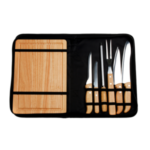 HM-036, Set de BBQ fabricado en acero inoxidable y mangos de roble, incluye 7 piezas (cuchillo de chef, cuchillo pequeño, cuchillo deshuesador, cuchillo para carne, tenedor, afilador y tabla para cortar).