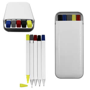 ST-5295, Set de escritura de plástico con asa que sirve como base que contiene: 3 bolí­grafos de color (negro, rojo y azul), 1 lapicero y 1 marcatextos verde.
