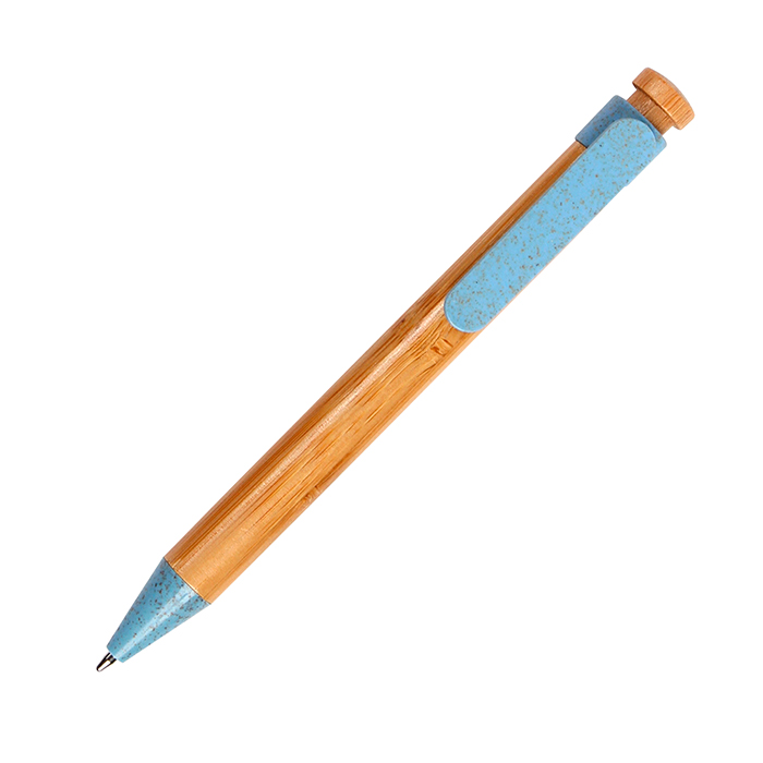 BL-111, Bolígrafo de bamboo, punta y clip en plástico reciclado tinta de escritura azul.