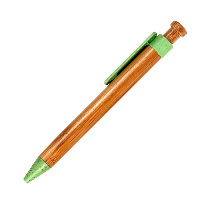 BL-111, Bolígrafo de bamboo, punta y clip en plástico reciclado tinta de escritura azul.