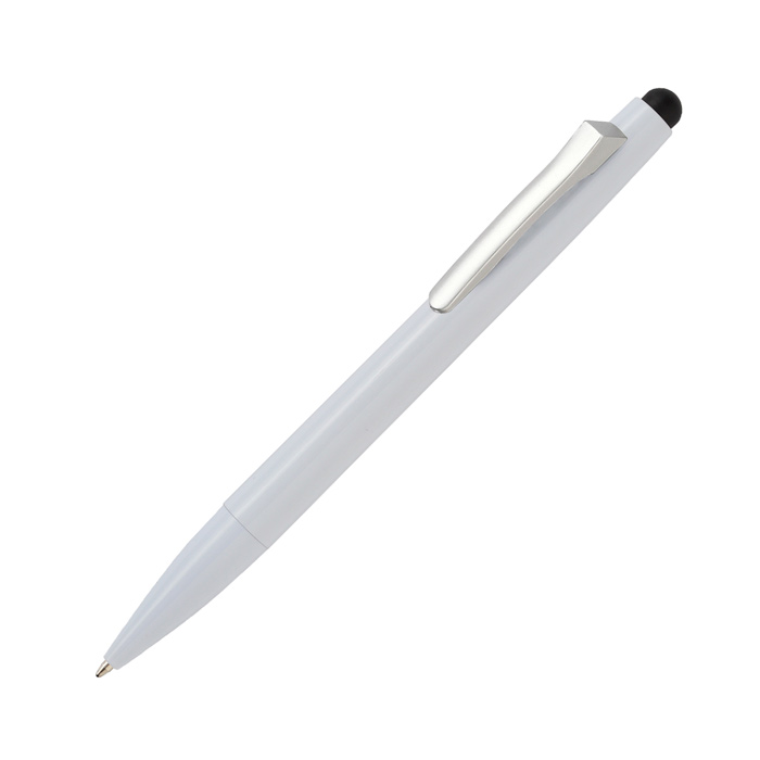 BL-159, Bolígrafo Lindi. Bolígrafo fabricado en plástico ABS con apariencia metálica, clip en color plata, puntero touch en la parte superior y tinta de escritura negra.
