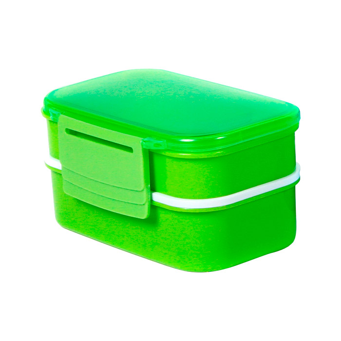 HM-025, Contenedor de alimentos con 2 compartimentos, fabricado en polipropileno y abs, con cubiertos (cuchara, tenedor y cuchillo), colores: azul, naranja, morado y verde