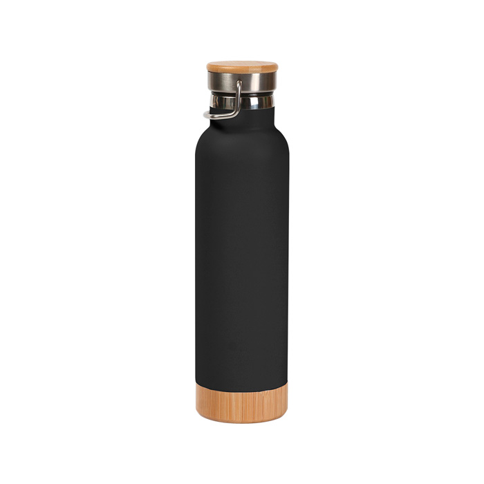 TE-172, Botella de acero inoxidable doble pared con tapa de rosca fabricada en bambú, detalles en la base del mismo material. Capacidad de 600 ml.