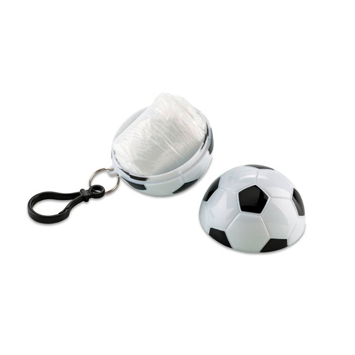 A2834, Impermeable con estuche portátil en forma de balón de fútbol y gancho para sujetar. Medidas: Estuche: Ø 6 cm / Impermeable: 117 x 113 cm