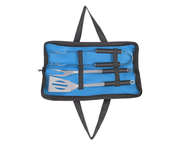 BBQ4523, Estuche portátil con utensilios para BBQ. Incluye: pinzas para carne, tenedor y volteador.