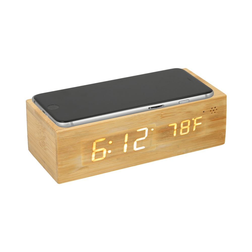 SO-118, Reloj digital de bambú con Wireless y medidor de temperatura ambiental. Incluye cargador.